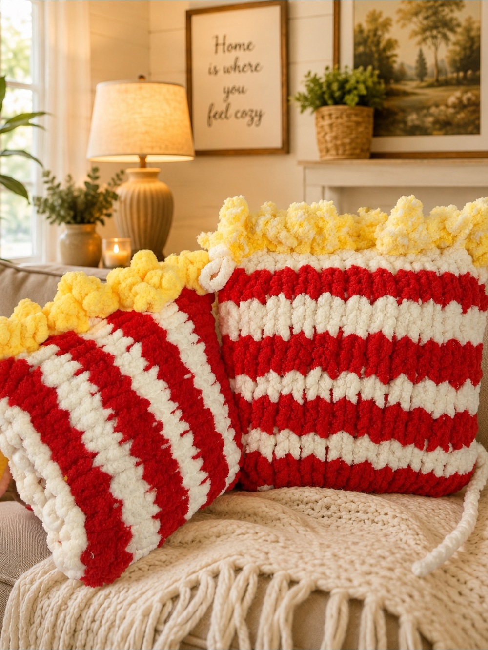 Hand Crafted Red, White and Yellow Striped Pom Pom Throw Pillow Covers